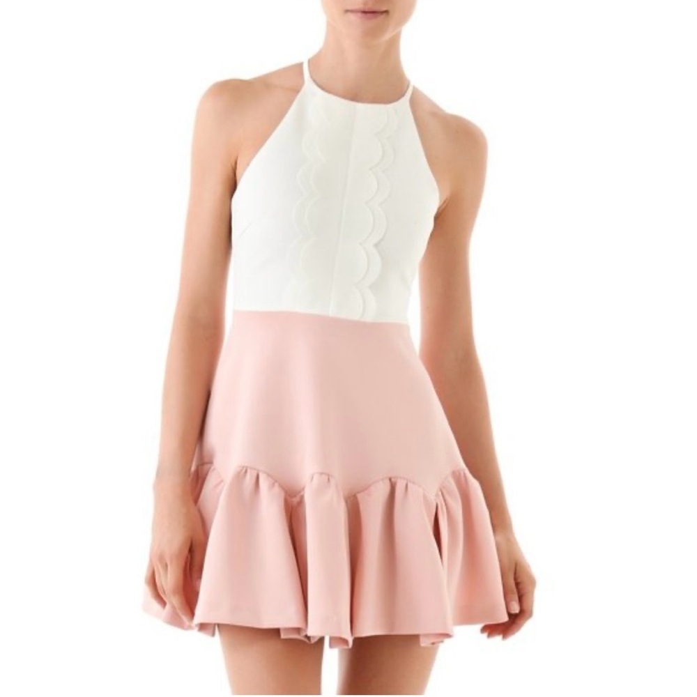 Three Floor Womens Halter Mini Dress Sz 6 Pink White Ruffle Hem Sleeveless